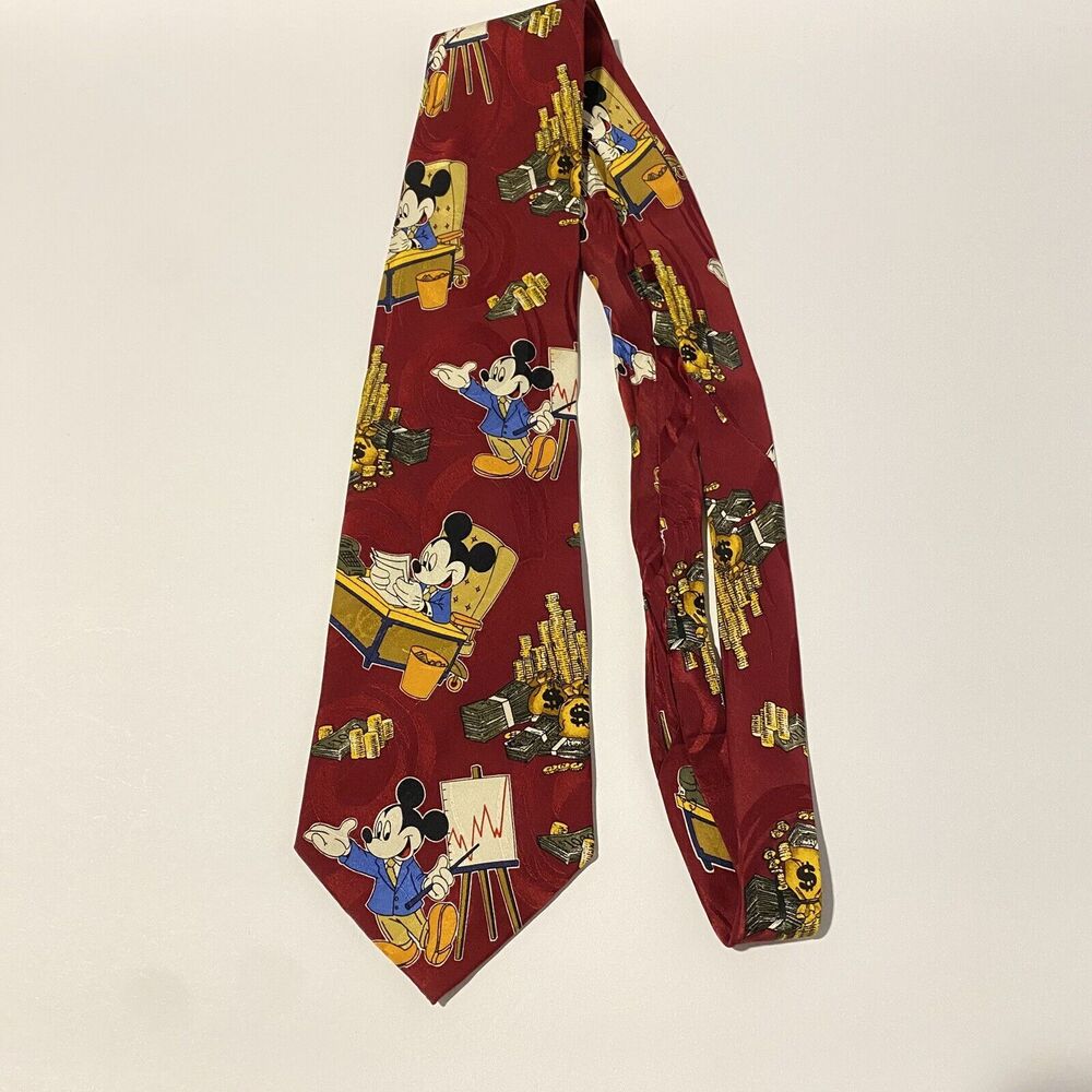 Vintage Mickey Unlimited Mickey Mouse Businessman Tie Money Red 100% Silk Career